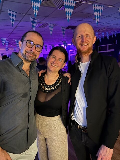 Salsa instructors Giles and Rosa and Intermediate salsa students learning at the monthly party.